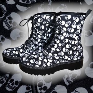 Black and white lace up skull boots
